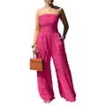 Full-length view of a fuchsia strapless pleated wide-leg jumpsuit on a model - S / Top And Bottom / Rose Red