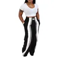 Pantalon femme décontracté à taille haute et jambe large avec rayures noires et blanches - S / Bas / Noir