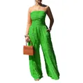 Detail of a vibrant green textured strapless jumpsuit with high-waisted wide-leg design - S / Top And Bottom / Green
