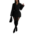 Detailed view of women's black belted blazer with cinched waist and gold buttons - S / Tops / Black