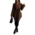 Detail view of a women's brown belted blazer jacket with grommet belt and long sleeves - S / Tops / Brown