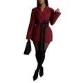 Professional detailed view of women's wine red belted waist long sleeve blazer jacket - S / Tops / Burgundy