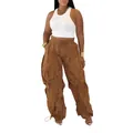 Vue détaillée d'un pantalon large à volants marron pour femme avec taille à cordon de serrage - S / Bas / Café