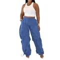 Close-up showing the unique blue wrinkled texture and drawstring detail of the cargo pants - Blue