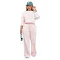 Women's pink thick casual two-piece sweatshirt set with long sleeve top and wide pants - Pink