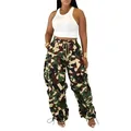Detailed view of women's camo wide-leg cargo pants with drawstring and ruched design - Camouflage