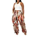 Detailed view of women's colorful patchwork wide-leg trousers with ruffle pleated design - Brown Red Print