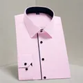 Elegant roze herenshirt met lange mouwen en stijlvolle donkerblauwe contrastbiezen - 38 / Top (AM704) / Contrastrand zonder Zak / Roze