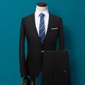 Black single-button men's slim fit suit set with jacket and trousers - 160 / Top And Bottom / Single Buckle / Black