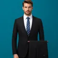 Men's slim fit black two-button suit set with trousers for business or wedding events - 160 / Top And Bottom / Double Buckle / Black