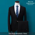 Men's slim fit black two-button suit set with trousers for business or wedding events - 160 / Top And Bottom / Double Buckle / Black