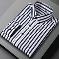 Elegant men's blue and white striped long-sleeved business shirt with non-iron finish. - 38 / Tops / White with Navy Stripes (233)