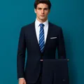 Slim fit navy blue men's professional business suit set including jacket and trousers - 160 / Top And Bottom / Single Buckle / Navy Blue