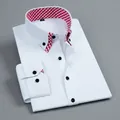 Stylish men's white long-sleeved dress shirt with red gingham double collar accents - 39 / Tops / White