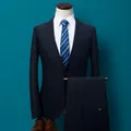 Elegant navy blue slim fit business suit set for men with double buttons and trousers - 160 / Top And Bottom / Double Buckle / Navy Blue