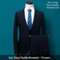 Elegant navy blue slim fit business suit set for men with double buttons and trousers - 160 / Top And Bottom / Double Buckle / Navy Blue