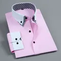 Pink men's long sleeve shirt featuring a double layered gingham collar and buttoned cuffs - 39 / Tops / Pink