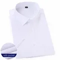 Professional white short-sleeved men's business dress shirt featuring a chest pocket - 38 / Tops / Pure White (With Pocket)