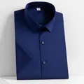 Men's navy blue short-sleeved business casual mercerized cotton dress shirt - S / Tops / Navy Blue