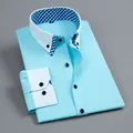 Light blue men's long sleeve shirt with double layer gingham collar and white cuffs - 39 / Tops / Lake Blue