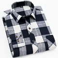 Classic navy and white brushed cotton plaid long-sleeved shirt for men in British style - 38 / Tops / Blue and White Plaid (6602)