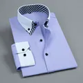 Men's purple long-sleeve casual shirt with white double collar and check lining - Purple