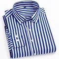 Chemise rayée homme bleu et blanc manches longues, élastique et infroissable style business - Fines Rayures Bleu Foncé (23-11)