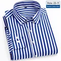 Men's blue and white striped dress shirt with long sleeves, elastic and wrinkle-free - Dark Blue Fine Stripes (23-11)