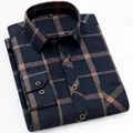 Premium men's navy blue and brown brushed cotton plaid long-sleeve button-down shirt - 38 / Tops / Navy Blue and Brown Plaid (6603)