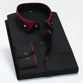 Elegante camisa negra de hombre con cuello y puños bordeaux en contraste para negocios - Negro