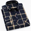 Men's navy blue and tan brushed plaid long-sleeved shirt in classic British fashion style - 38 / Tops / Blue and Yellow Plaid (6605)