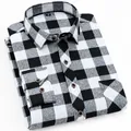 Classic black and white buffalo plaid brushed long-sleeved shirt for men - 38 / Tops / Black and White Plaid (6607)