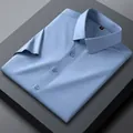 Premium men's short sleeve business shirt in pure blue made of mulberry silk fabric - Pure Blue (DX196-7)