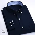 Camisa Oxford azul marino de manga larga para hombre con forro de cuello a rayas - 38 / Tops / Azul Marino