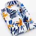 Men's long sleeve casual shirt with blue tropical leaf and yellow flower print pattern - 38 / Tops / White Hawaii Style Pattern (CY178)