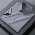 Men's premium short-sleeved grey button-up shirt in silk-like stretch fabric display - Pure Grey (DX196-11)