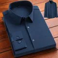 Premium navy blue men's long-sleeve business casual shirt with solid color design - Aquamarine