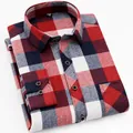 Classic red white and blue plaid brushed cotton long sleeve button-down shirt for men - 38 / Tops / Tricolor Plaid (6610)