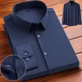 Premium navy blue long-sleeved men's business shirt with a square collar and smooth texture - Navy