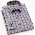 Men's stylish brushed long sleeve plaid shirt featuring a blue and tan British grid pattern - 38 / Tops / Blue, Brown and Beige Plaid Style (6611)