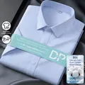 Premium light blue striped 100% cotton non-iron men's short sleeve dress shirt - Fine Blue Stripes