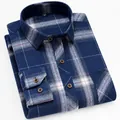 Men's classic blue brushed plaid long sleeve shirt featuring high-quality brown buttons - 38 / Tops / Blue White Plaid (6615)