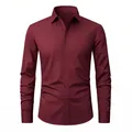 Men's four-way stretch non-iron maroon business shirt with slim fit design - Burgundy