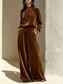 Vintage bruin fluwelen set met top met lange mouwen en broek met wijde pijpen - S / Boven- En Onderstuk / koffiekleur
