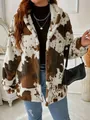 Chic cow print hooded fleece jacket for women, featuring soft furry texture and casual style - S / Tops / Brown White