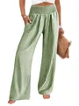 Pantalon large confortable à carreaux vichy vert taille haute élastique pour femme - Vert Armée à Carreaux