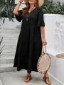 Plus size black V-neck tiered midi dress with ruffle sleeves for summer vacation - 1XL / Black