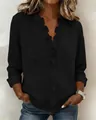 Elegant black cotton linen blouse with romantic ruffle V-neck detail and long sleeves - Black