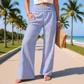 Elegant blue and white vertical striped high-waisted wide-leg pants for beach vacations - S / Bottoms / Blue Stripe