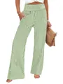 High waisted green and white vertical striped trousers with smocked elastic waistband - S / Bottoms / Army Green
